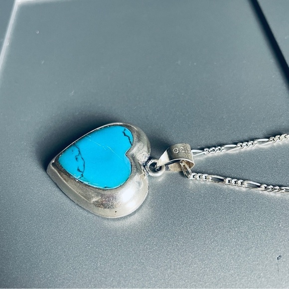Mexico Turquoise Inlay Puffy Heart Sterling Silver Pendant Necklace - Picture 3 of 8